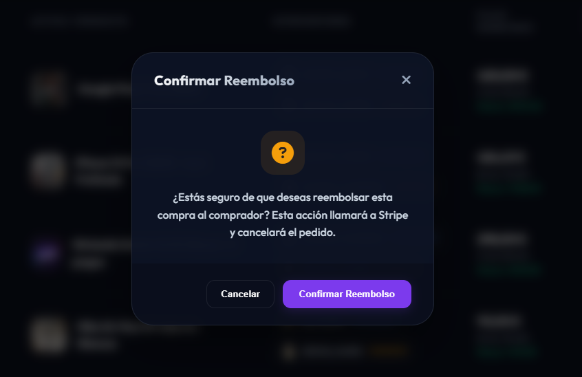 Modal de reembolso en admin