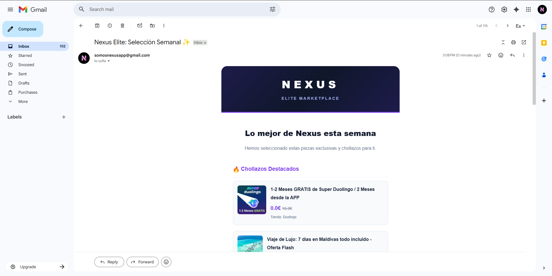 Correo semanal recibido en Gmail