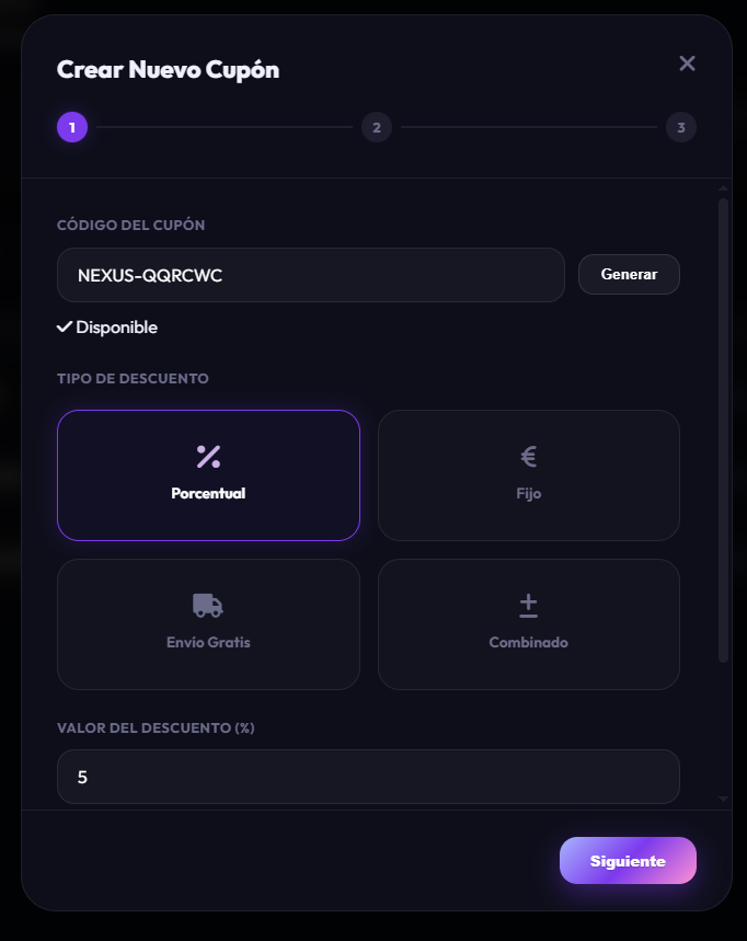 Modal crear cupón - paso 1