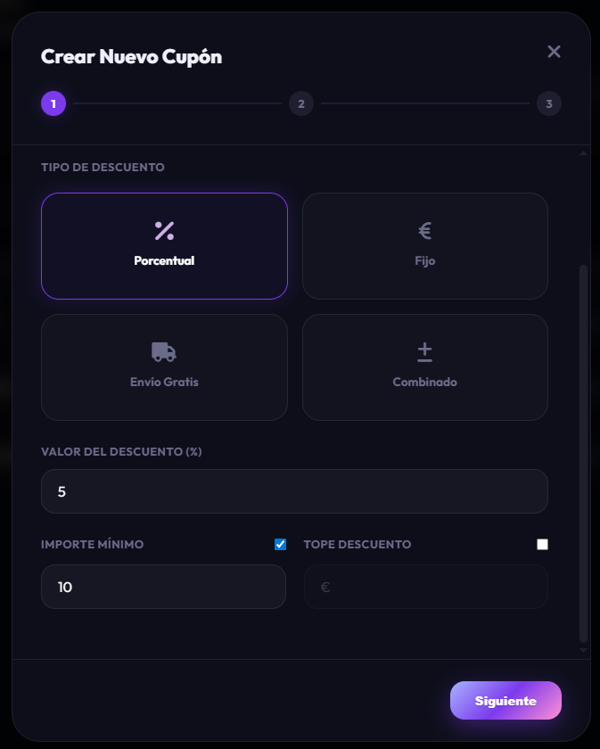 Modal crear cupón - paso 2