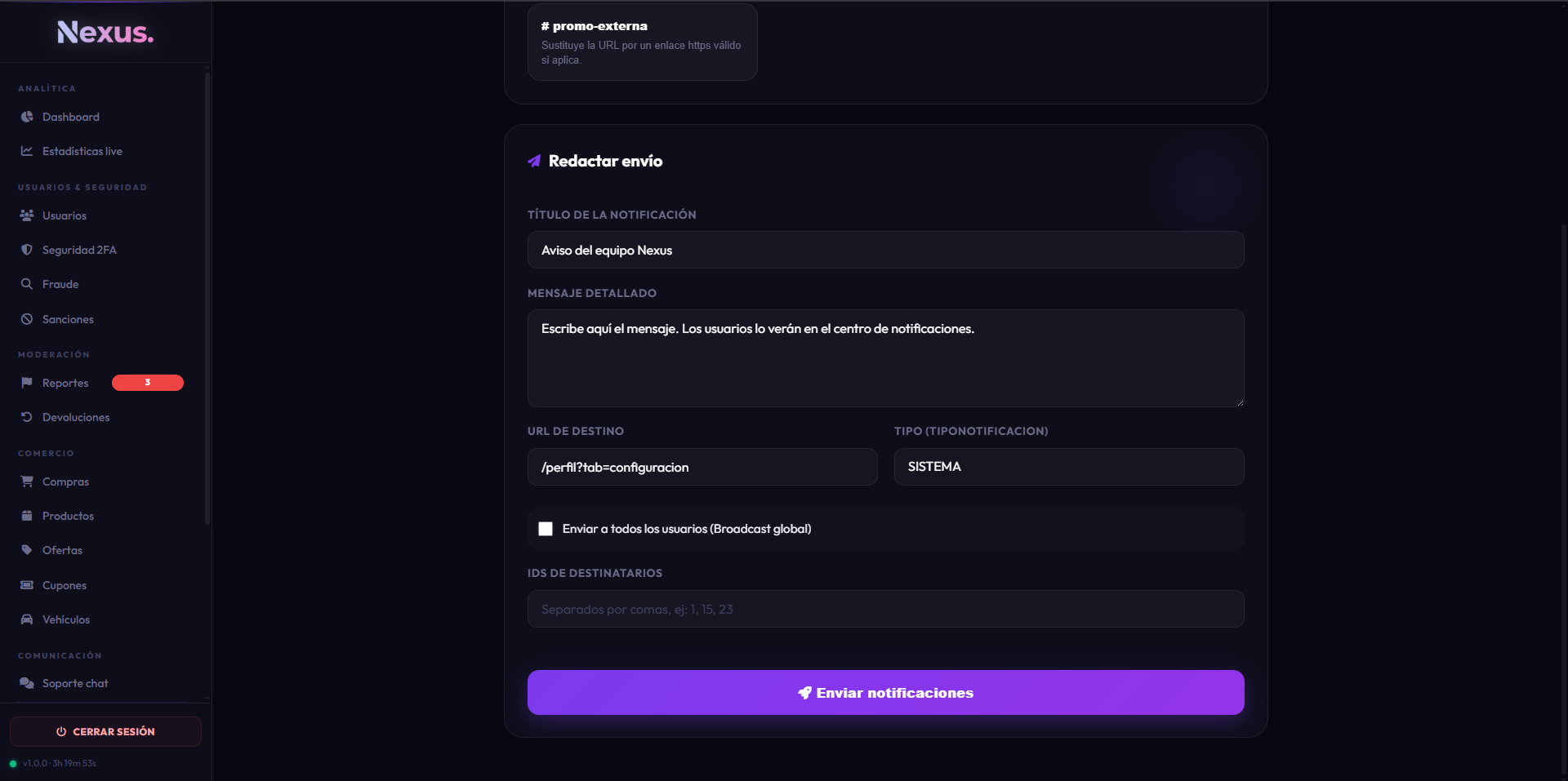 Plantilla de notificación activada