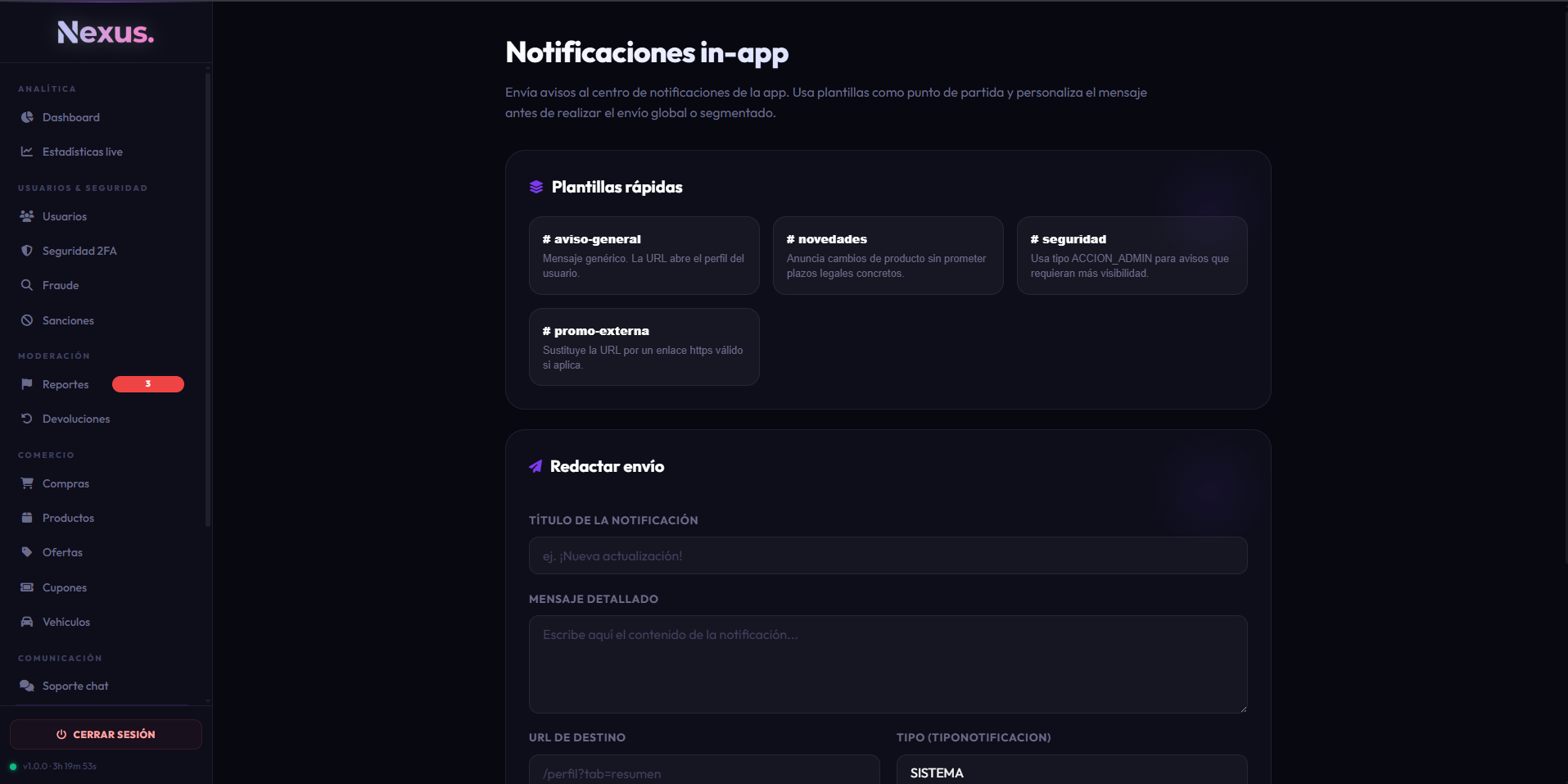 Módulo de notificaciones en admin