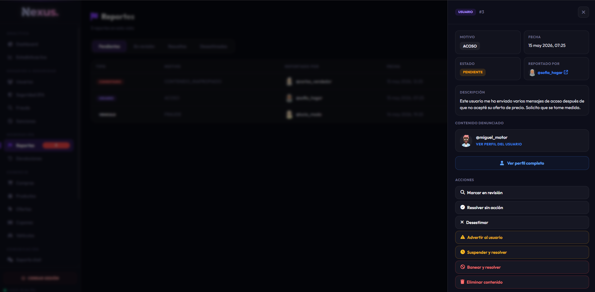Detalle de reporte en admin