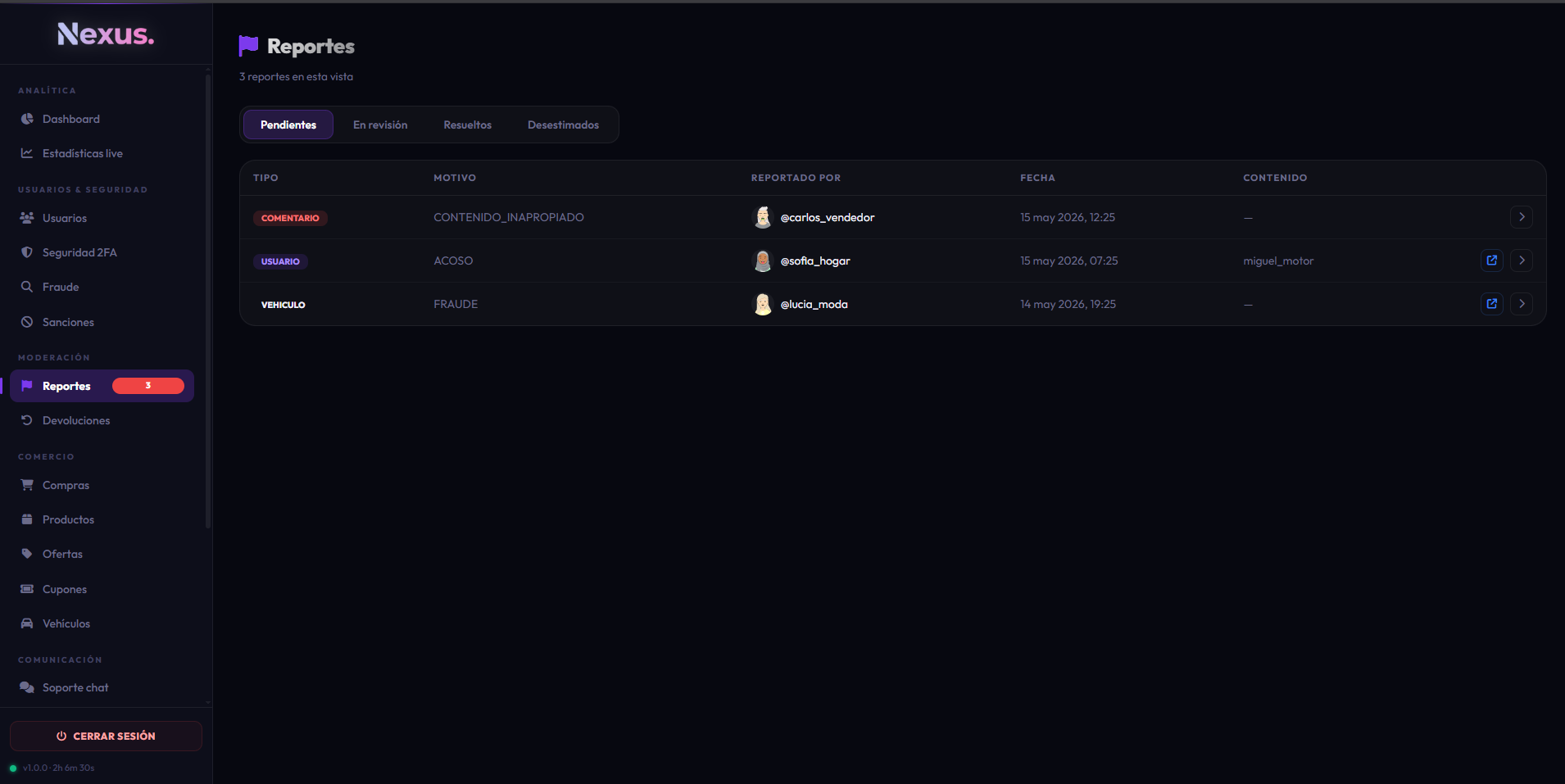 Lista de reportes en admin