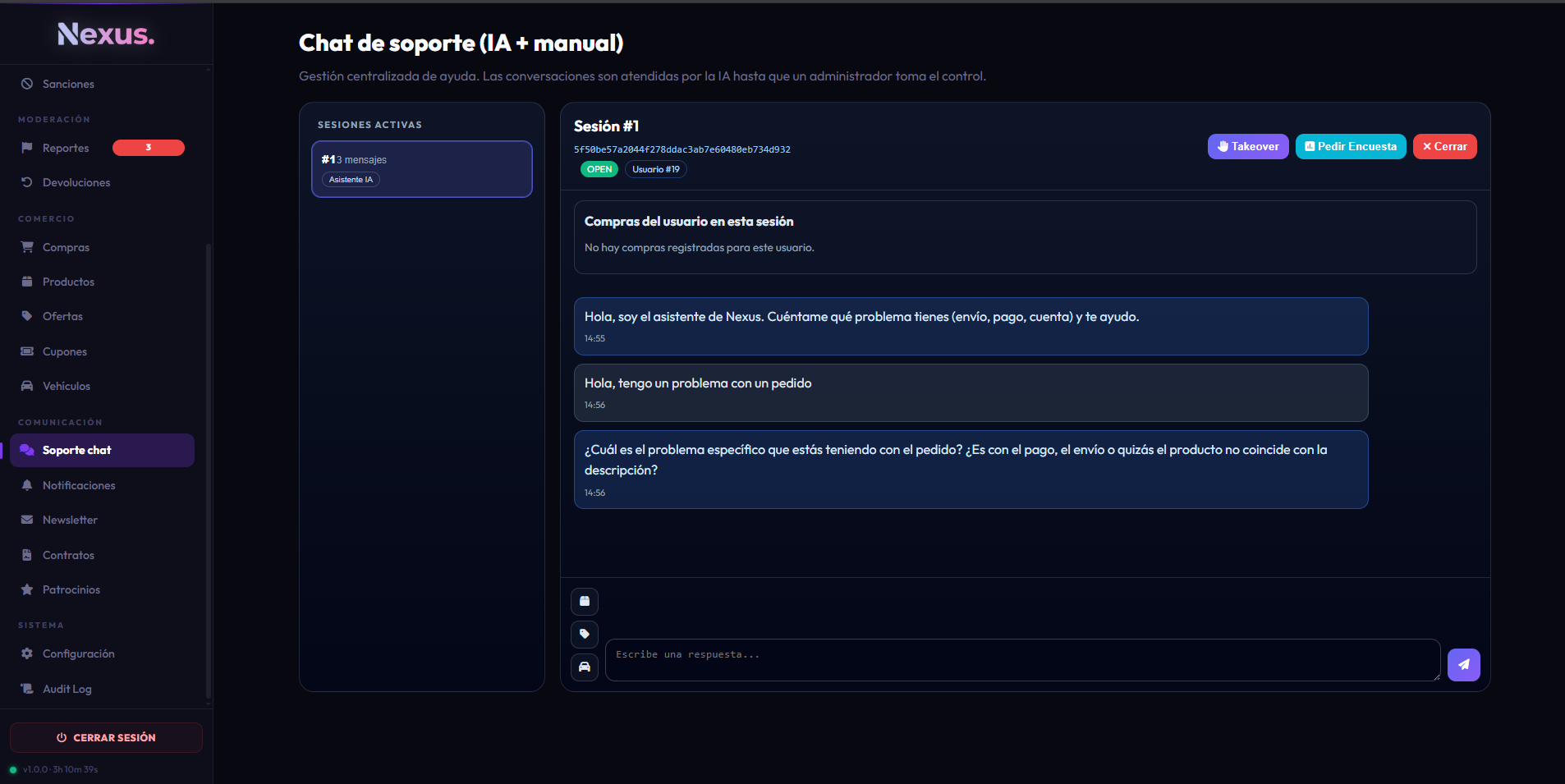 Panel de soporte en admin