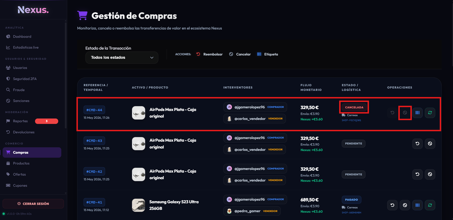 Modal de cancelación y reembolso