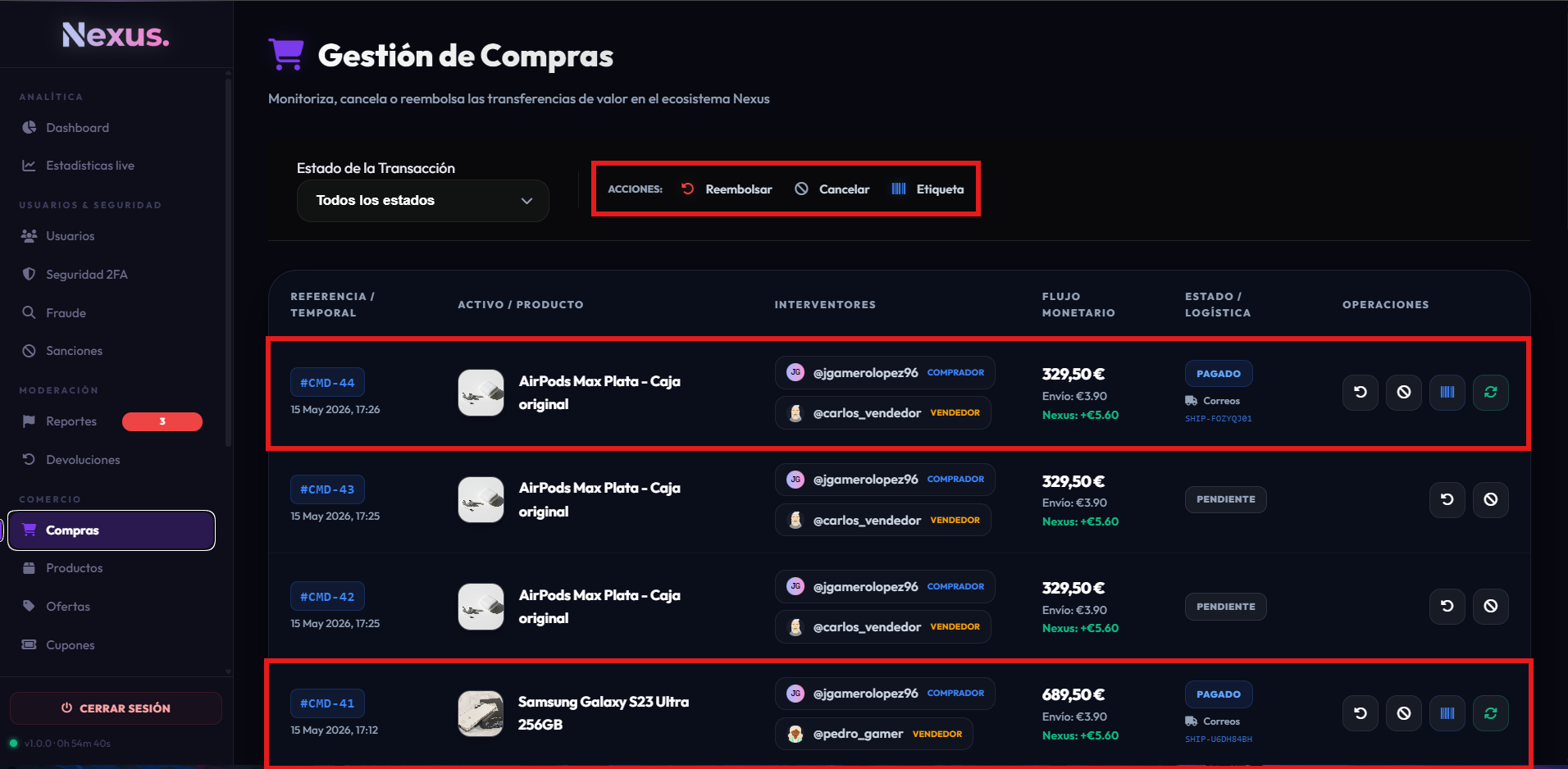 Pantalla de compras en el panel admin