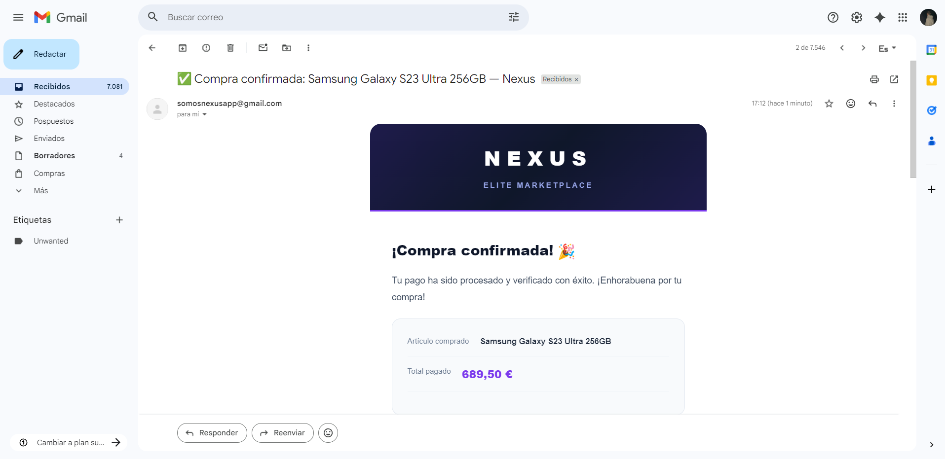 Gmail: confirmación de compra en móvil