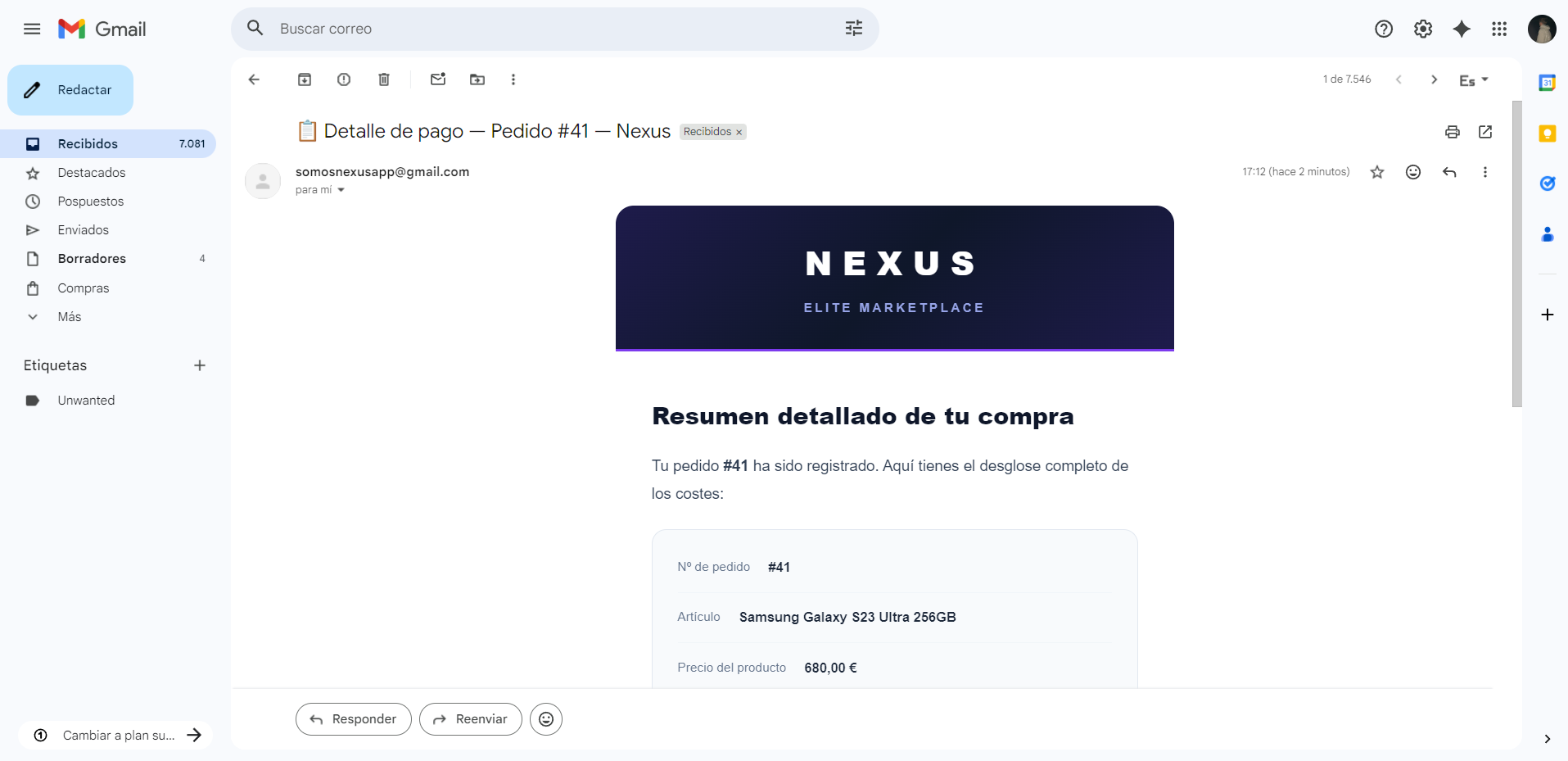 Gmail: detalle de pago en móvil