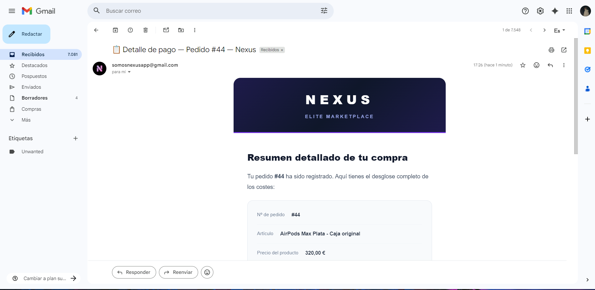 Gmail: detalle de pago