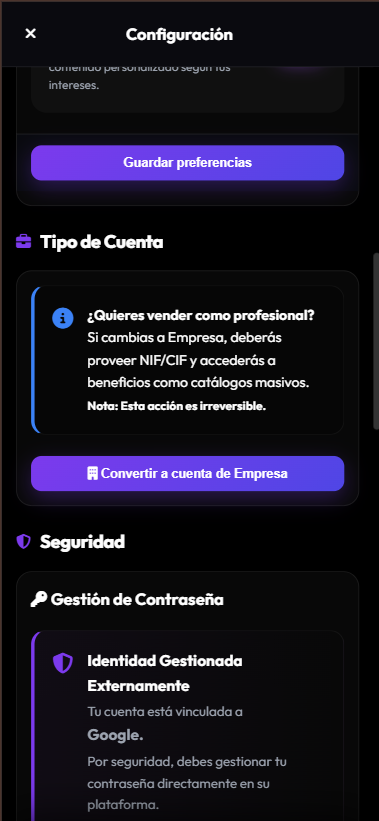 Ajustes: tipo de cuenta en móvil