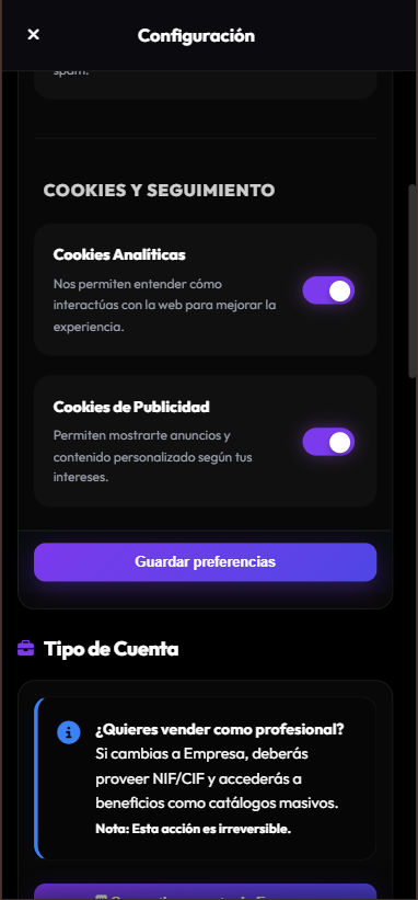 Ajustes: cookies en móvil
