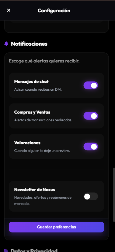Ajustes: notificaciones en móvil