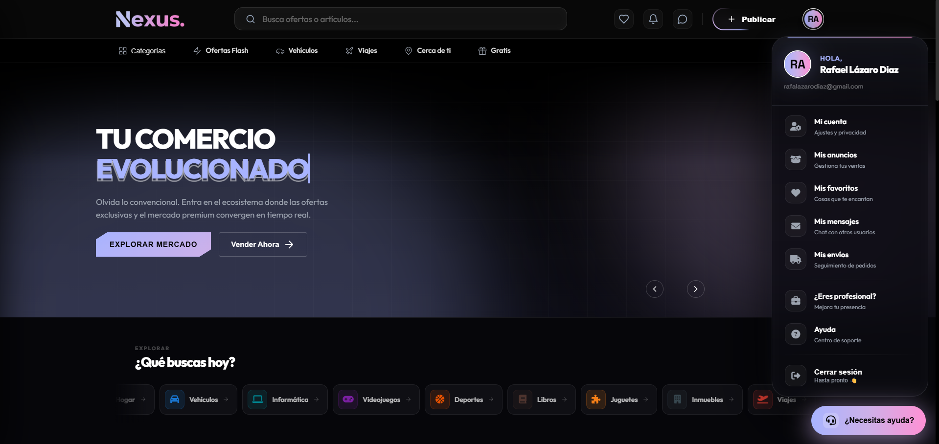 Desplegable de perfil de usuario