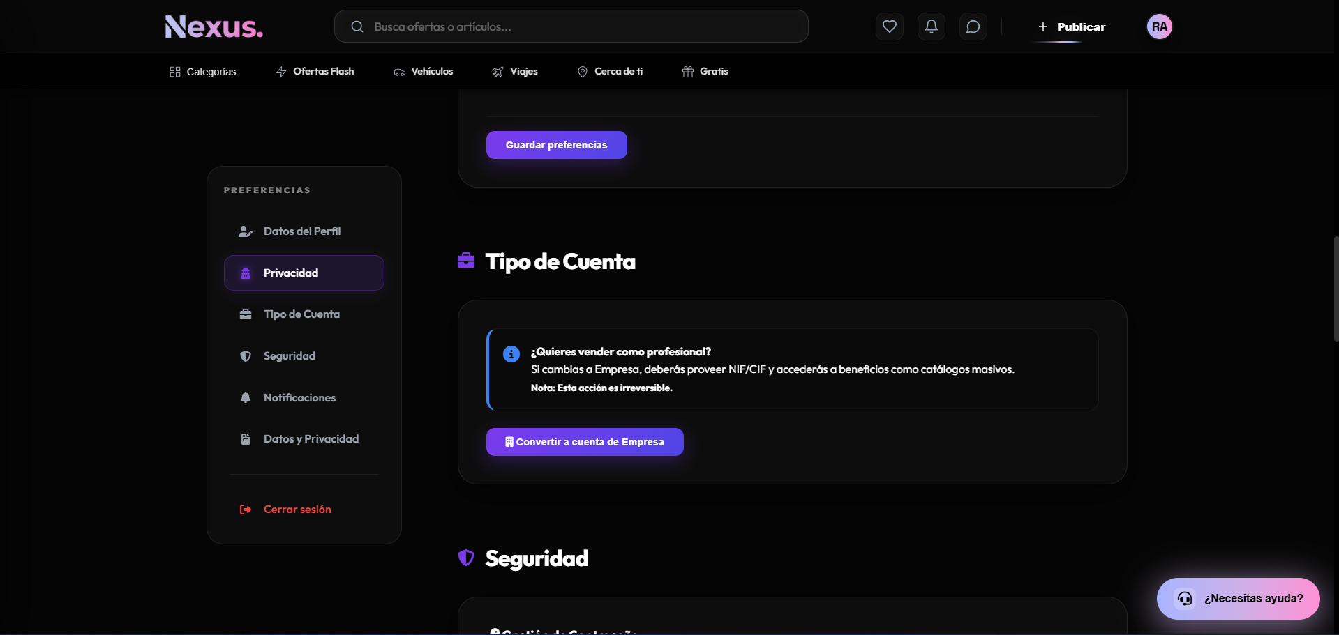 Mi cuenta: tipo de cuenta