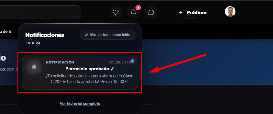 Pagar patrocinio - paso 1