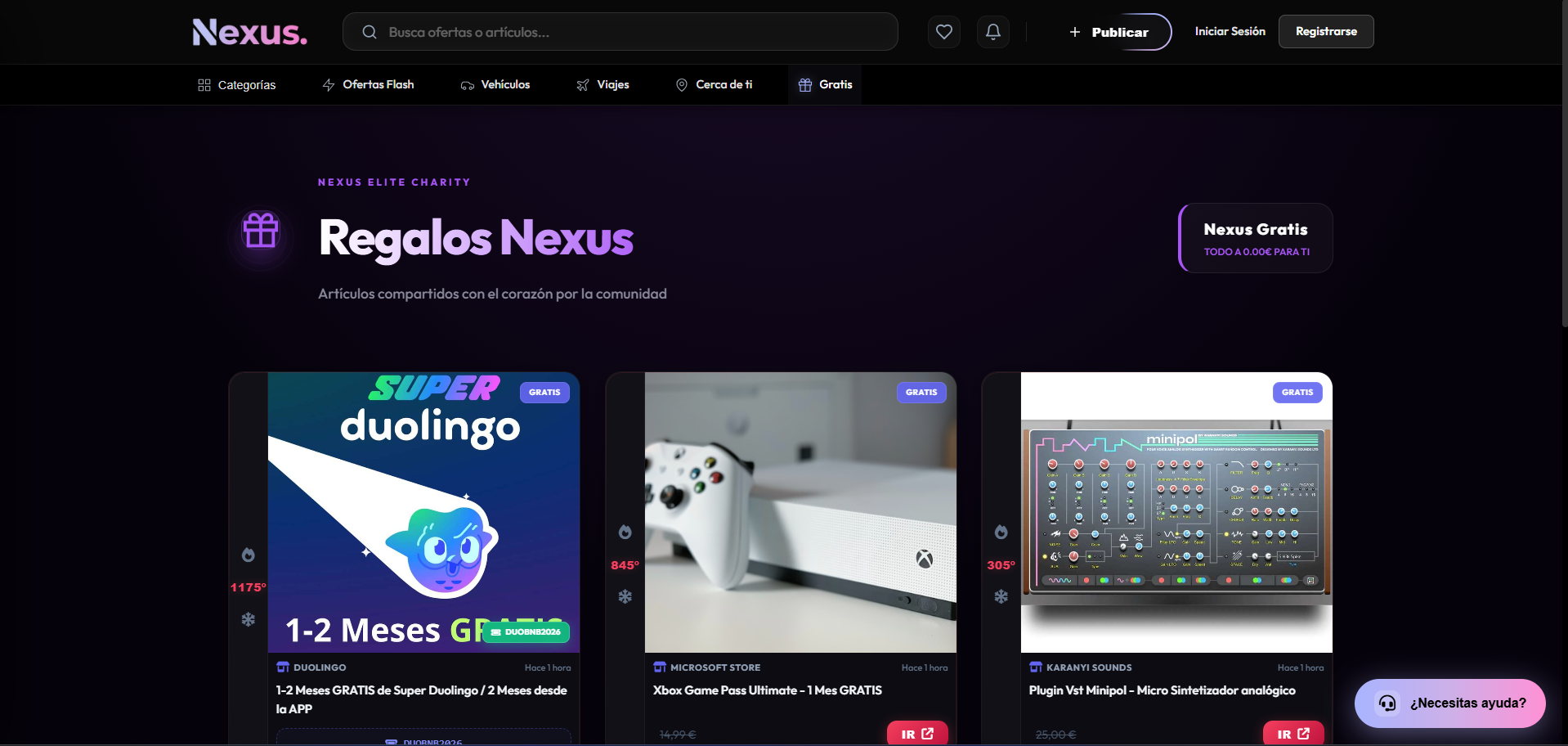 Pantalla de productos gratis