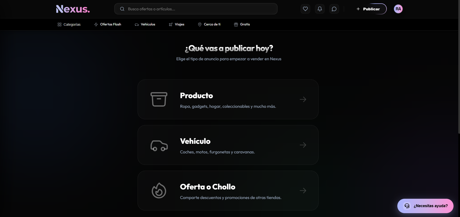 Pantalla de selección de tipo de publicación