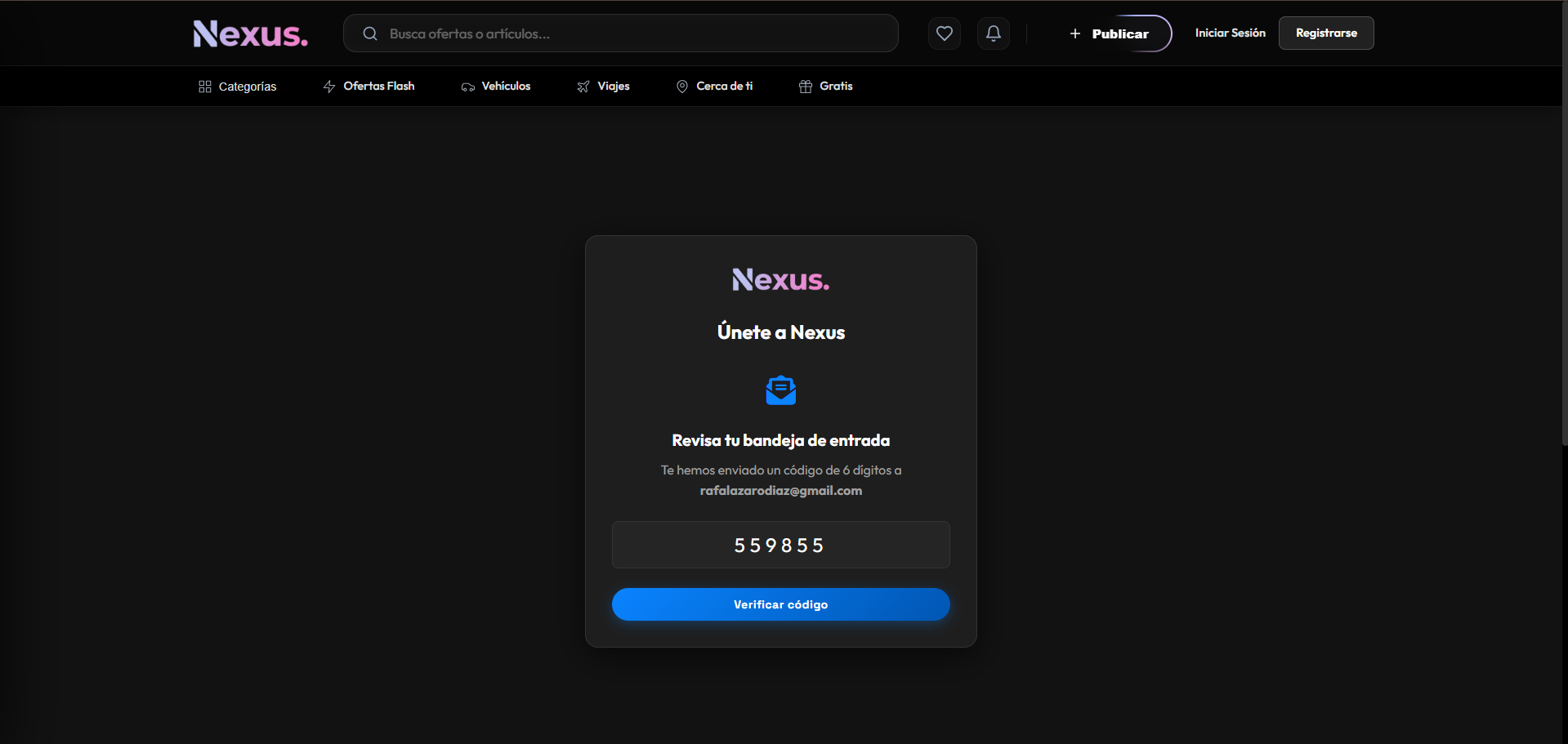 Pantalla de verificación de registro